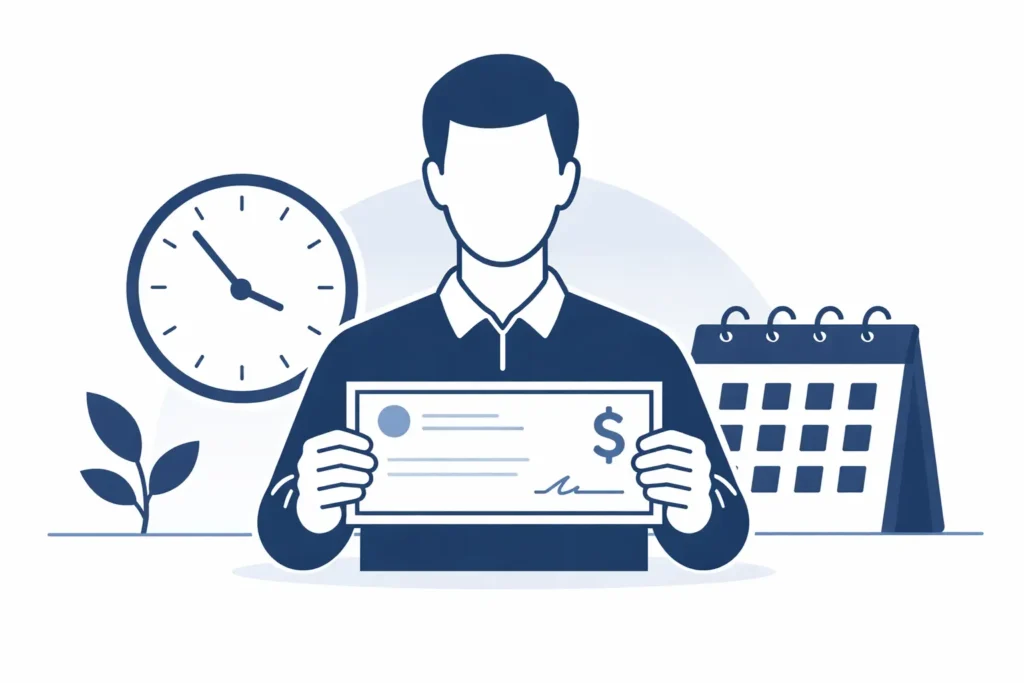 Hourly to annual salary calculator showing paycheck, clock and calendar — free USA financial tool